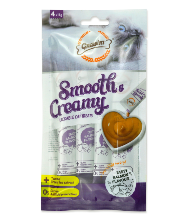 Gnawlers Smooth & Creamy Cat Treats Salmon Flavor with Green Tea Extracts 4 x 15g
