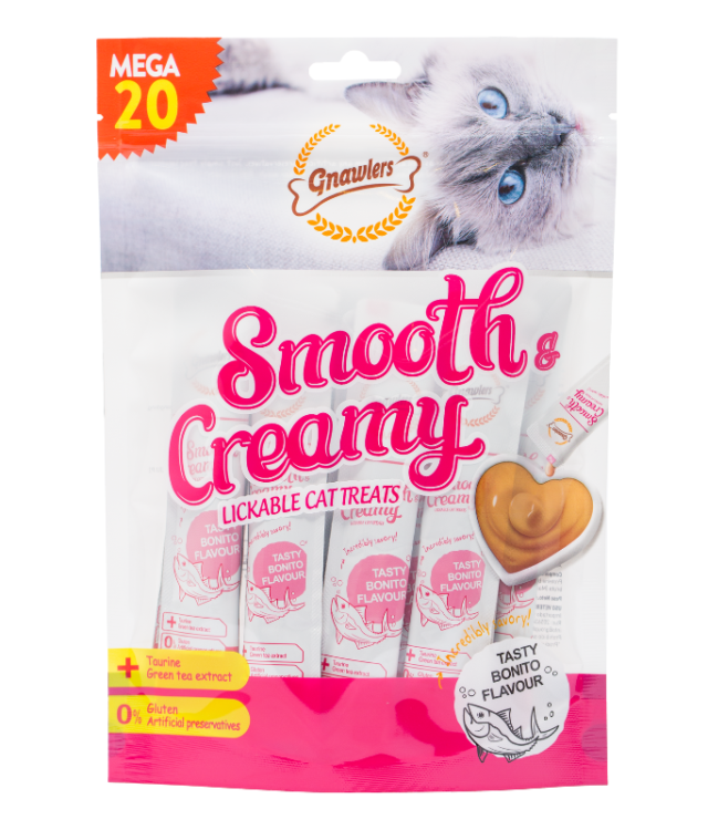 Gnawlers Smooth & Creamy Cat Treats Bonito Flavor with Green Tea Extracts 20 x 15g